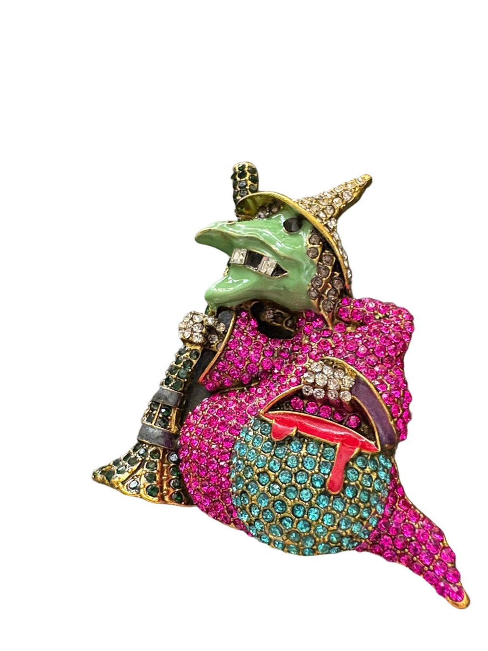 Halloween Gold Tone Enamel And Rhinestone Witch Brooch Brand New
